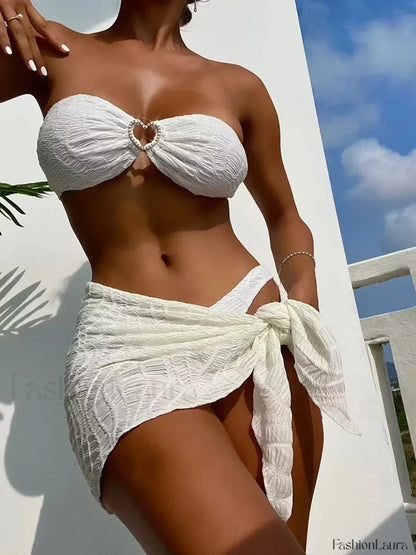 Contrast Shirring Three Piece Set WHITE / S