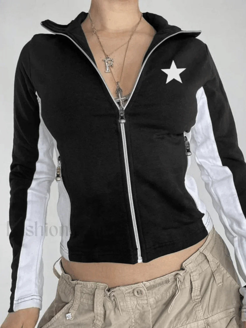 Contrast Star Print Zip Up Jacket Black / S Jackets