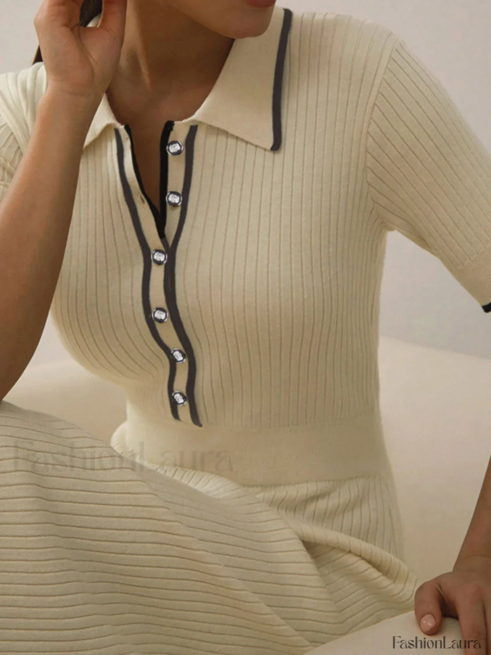 Contrast Trim Collared Rib Modern Knit Short Sleeve Midi Dress Sweaters L