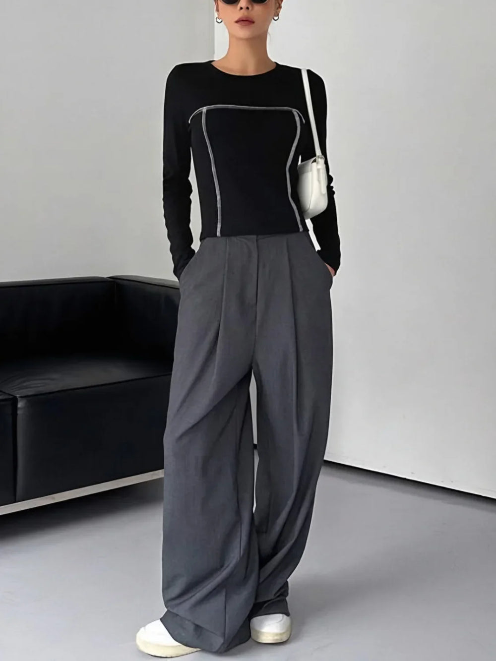 Contrast Trim Crew Trendy Neck Long Sleeve Shirt T Shirts