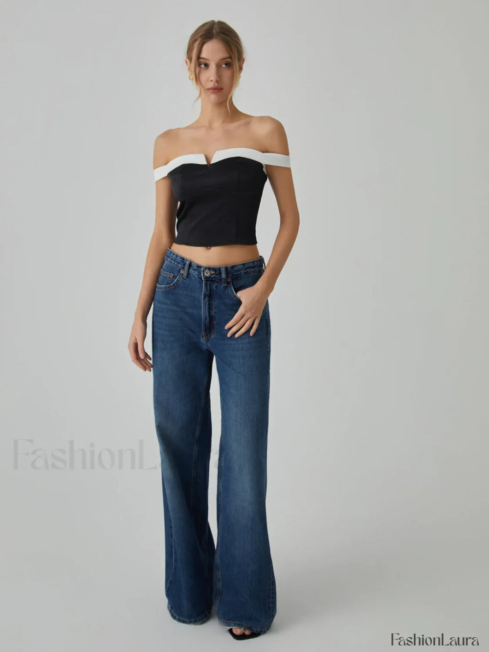 Contrast Trim Graceful Off Shoulder Blouse Blouses
