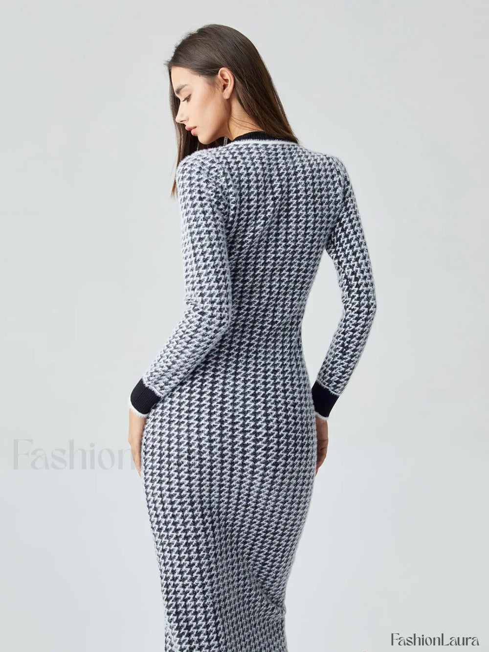 Contrast Trim Herringbone Trendy Bodycon Sweater Midi Dress Sweaters L