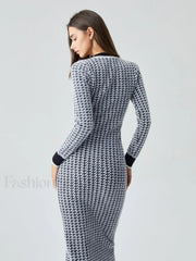 Contrast Trim Herringbone Trendy Bodycon Sweater Midi Dress Sweaters L
