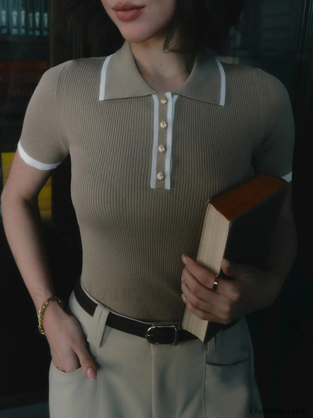 Contrast Trim Metal Trendy Button Knit Top Khaki / XS Sweaters L