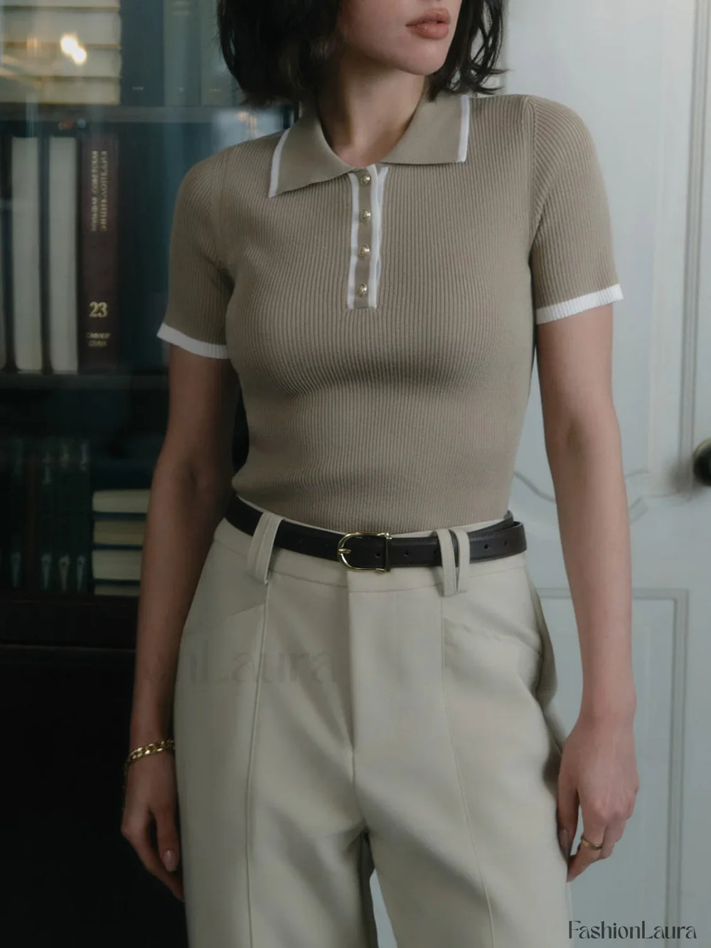 Contrast Trim Metal Trendy Button Knit Top Sweaters L