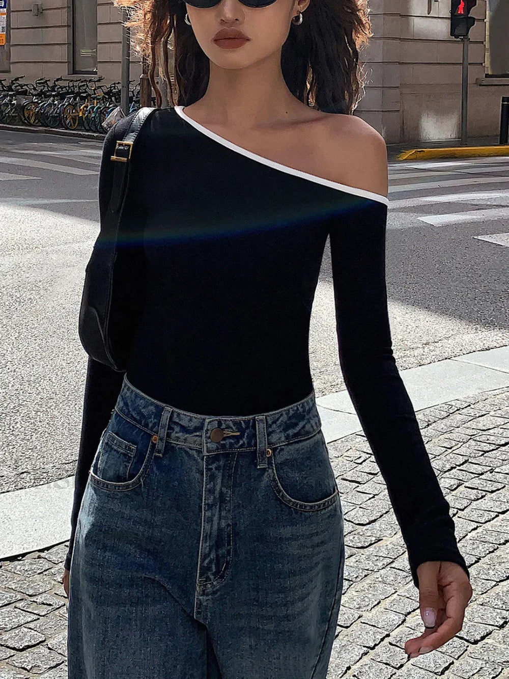 Contrast Trim Off Shoulder Long Sleeve Shirt T Shirts