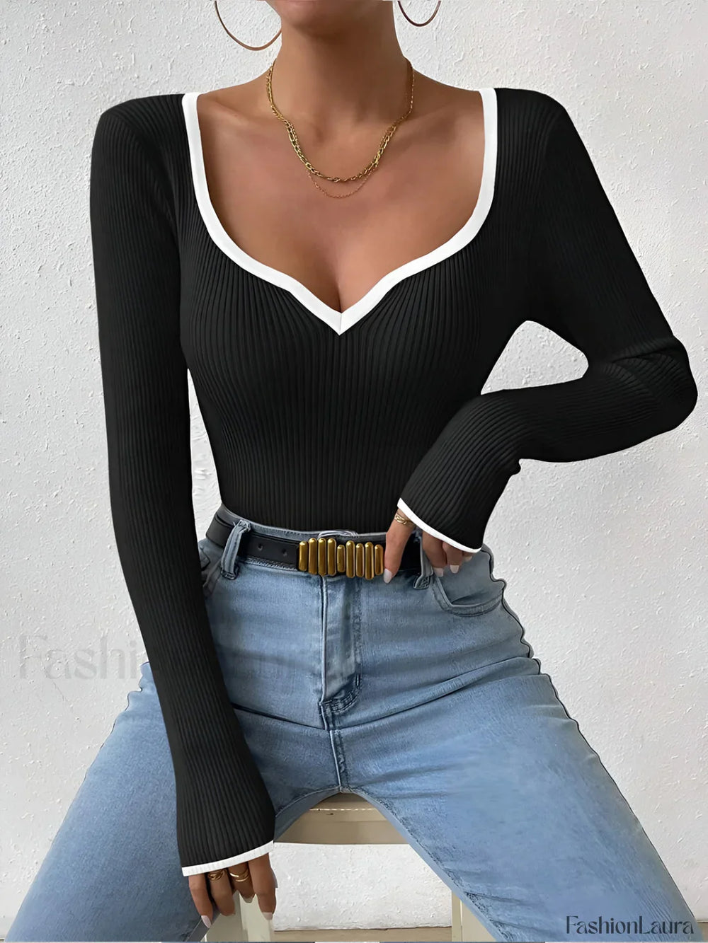 Contrast Trim Sexy Knit Top Knit Tops