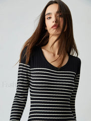 Contrast Trim Striped Crew Modern Neck Knit Sweater Dress Sweaters L
