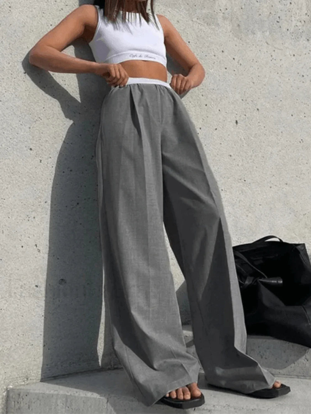 Contrast Waist Gray Baggy Tailored Pants Gray / S Pants