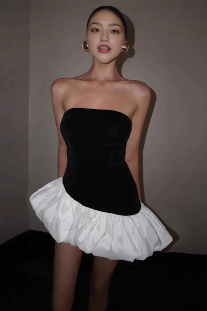 Contrasting Color Slim Fit Tube Top Mini Dress Black / S