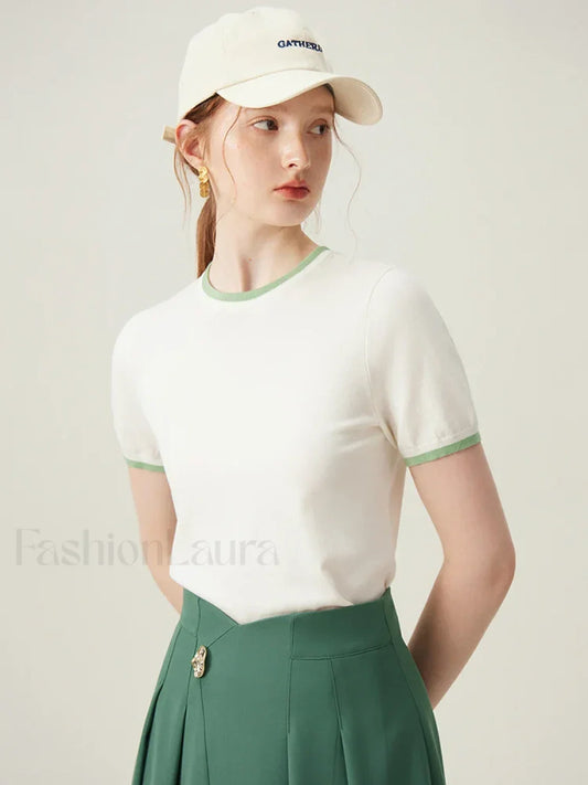 Contrasting Woolen Lyocell Knit T Shirt WHITE / S