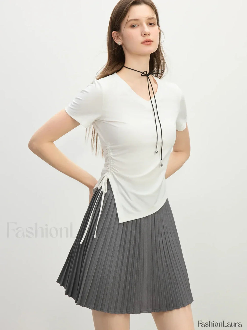 Cooling V Neck Drawstring Crop T Shirt