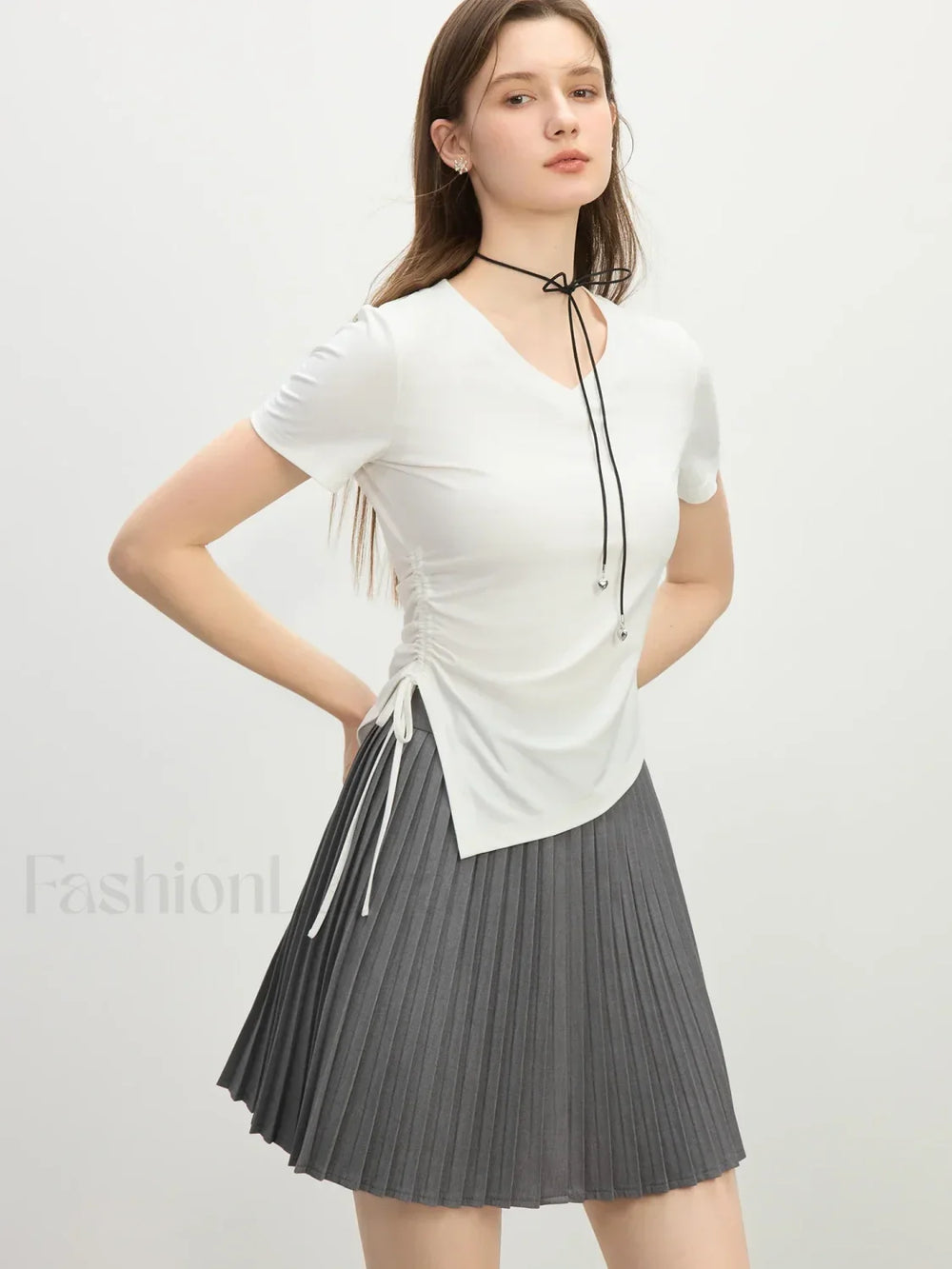 Cooling V Neck Drawstring Crop T Shirt