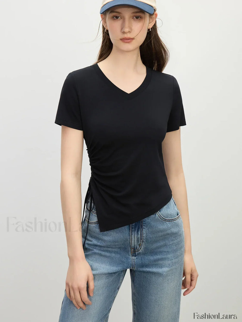 Cooling V Neck Drawstring Crop T Shirt Black / S
