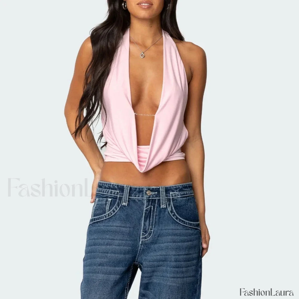 Coquette Deep V Backless Crop Top Pink / S
