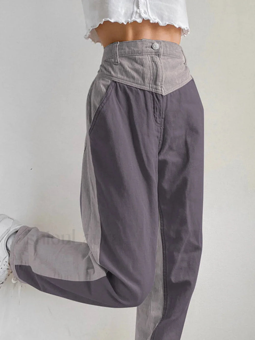 Corduroy Patchwork High Waist Straight Pants Gray / S Straight Leg Pants