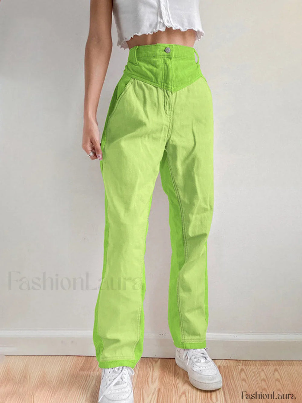 Corduroy Patchwork High Waist Straight Pants Straight Leg Pants