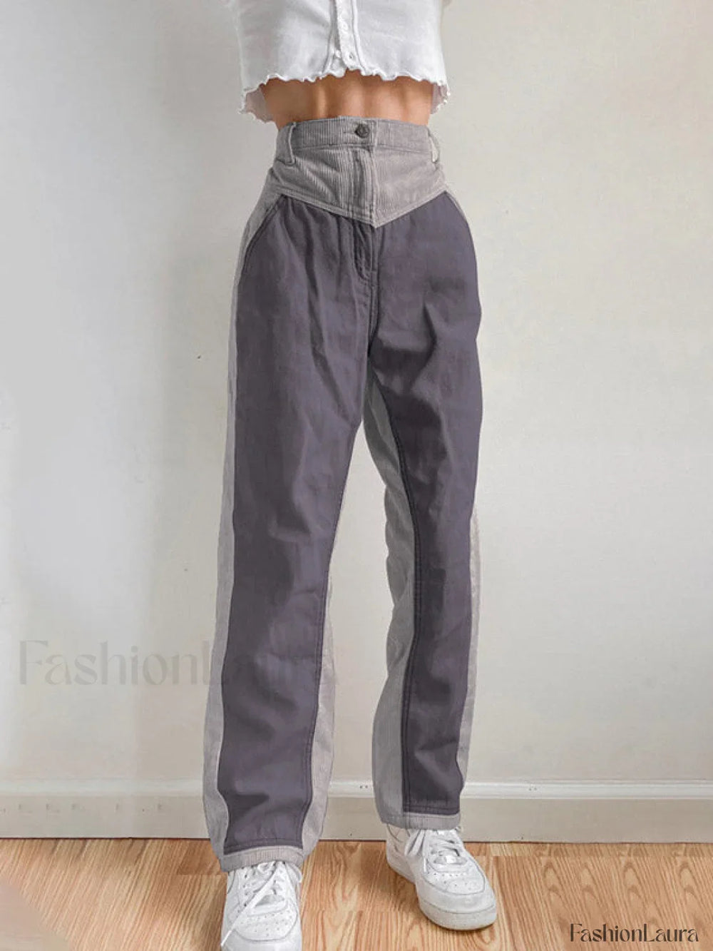 Corduroy Patchwork High Waist Straight Pants Straight Leg Pants