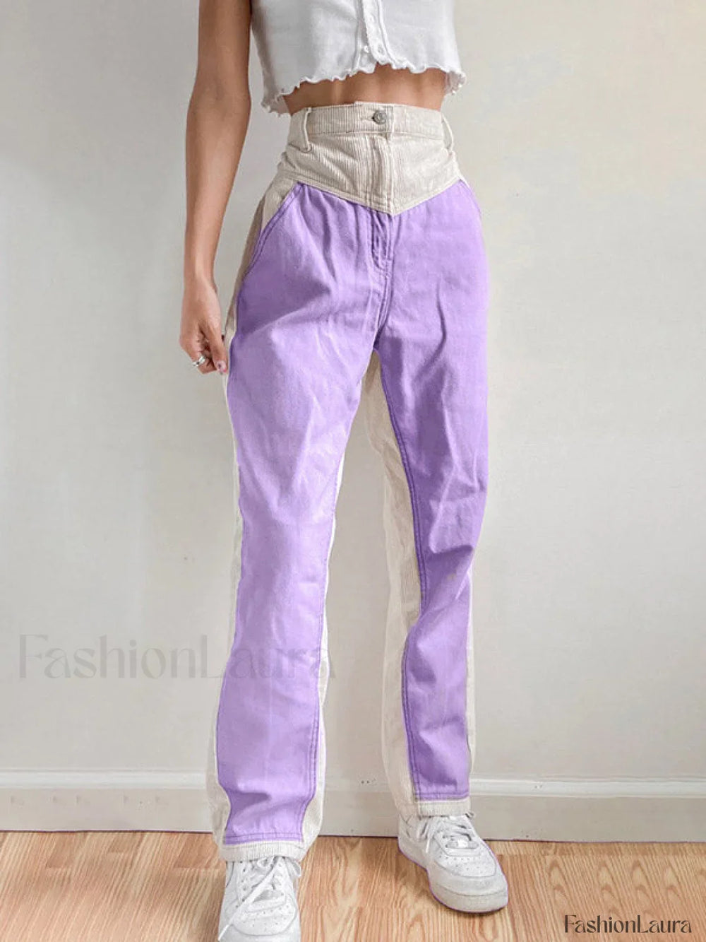 Corduroy Patchwork High Waist Straight Pants Straight Leg Pants