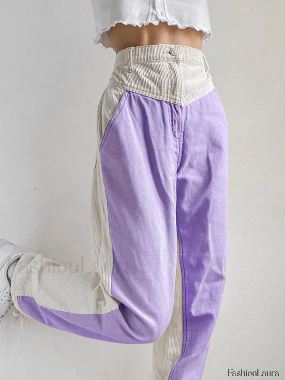 Corduroy Patchwork High Waist Straight Pants Lilac / S Straight Leg Pants