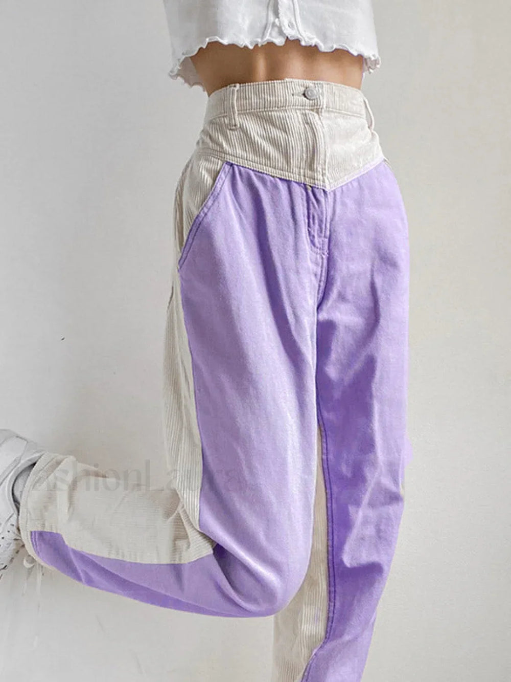 Corduroy Patchwork High Waist Straight Pants Lilac / S Straight Leg Pants