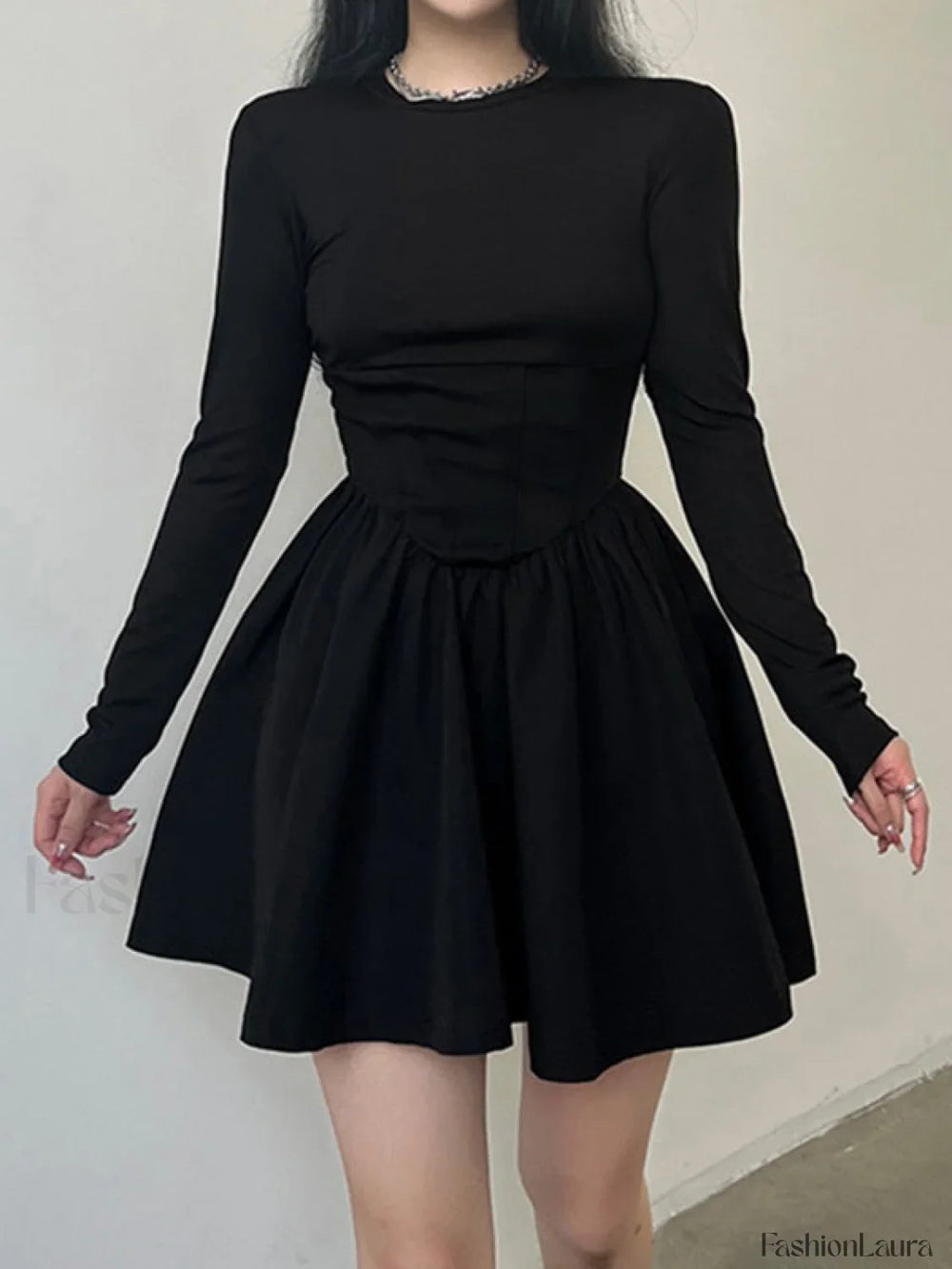 Corset Detail Black Long Sleeve Mini Dress Black / S Mini Dresses