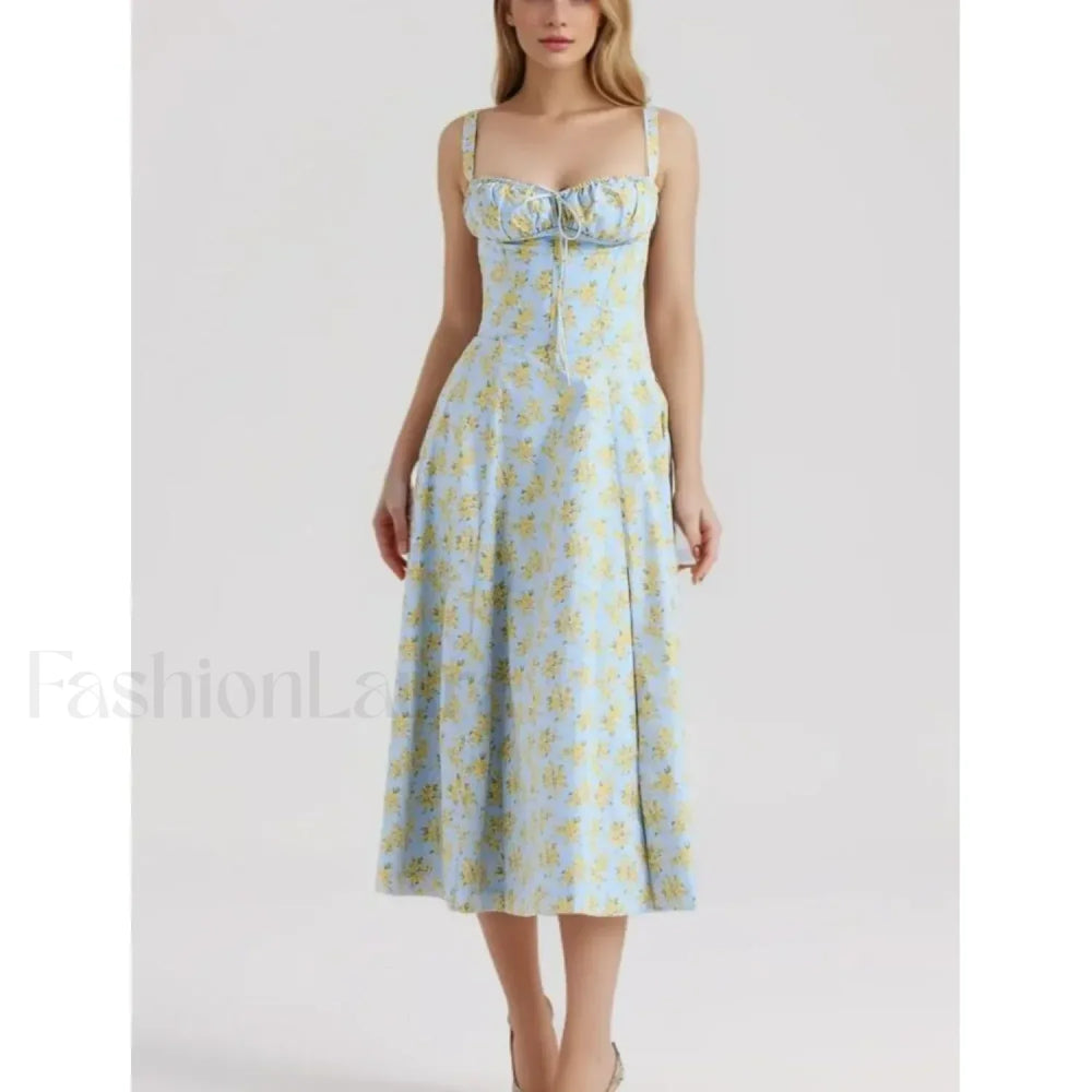 Corset Lacing Bandage Floral Dress Lake Blue / S