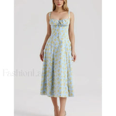 Corset Lacing Bandage Floral Dress Lake Blue / S