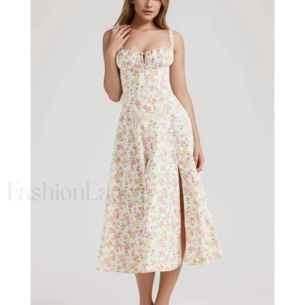 Corset Lacing Bandage Floral Dress Pink / S