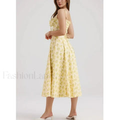Corset Lacing Bandage Floral Dress Yellow / S