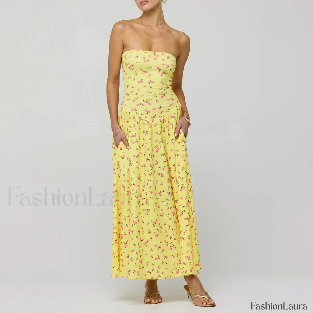 Corset Ruffle Midi Dress Yellow / S