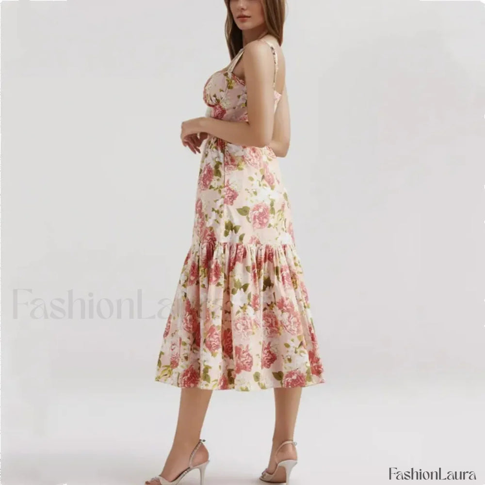 Corset Ruffled Silk Floral Dress