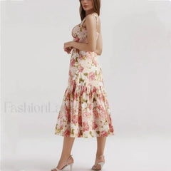 Corset Ruffled Silk Floral Dress