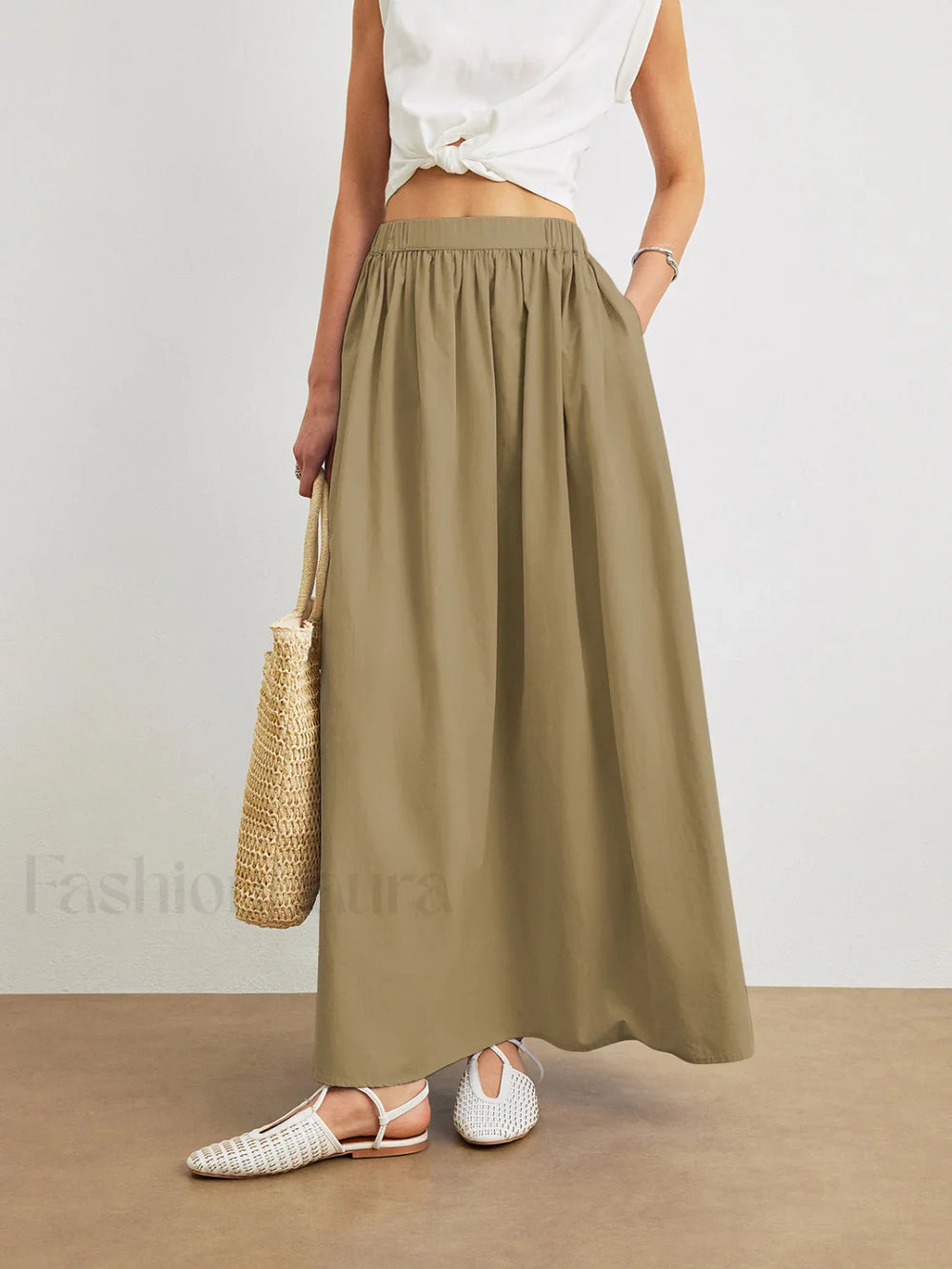 Cotton A Line Skirt With Pockets Khaki / XS Skirts