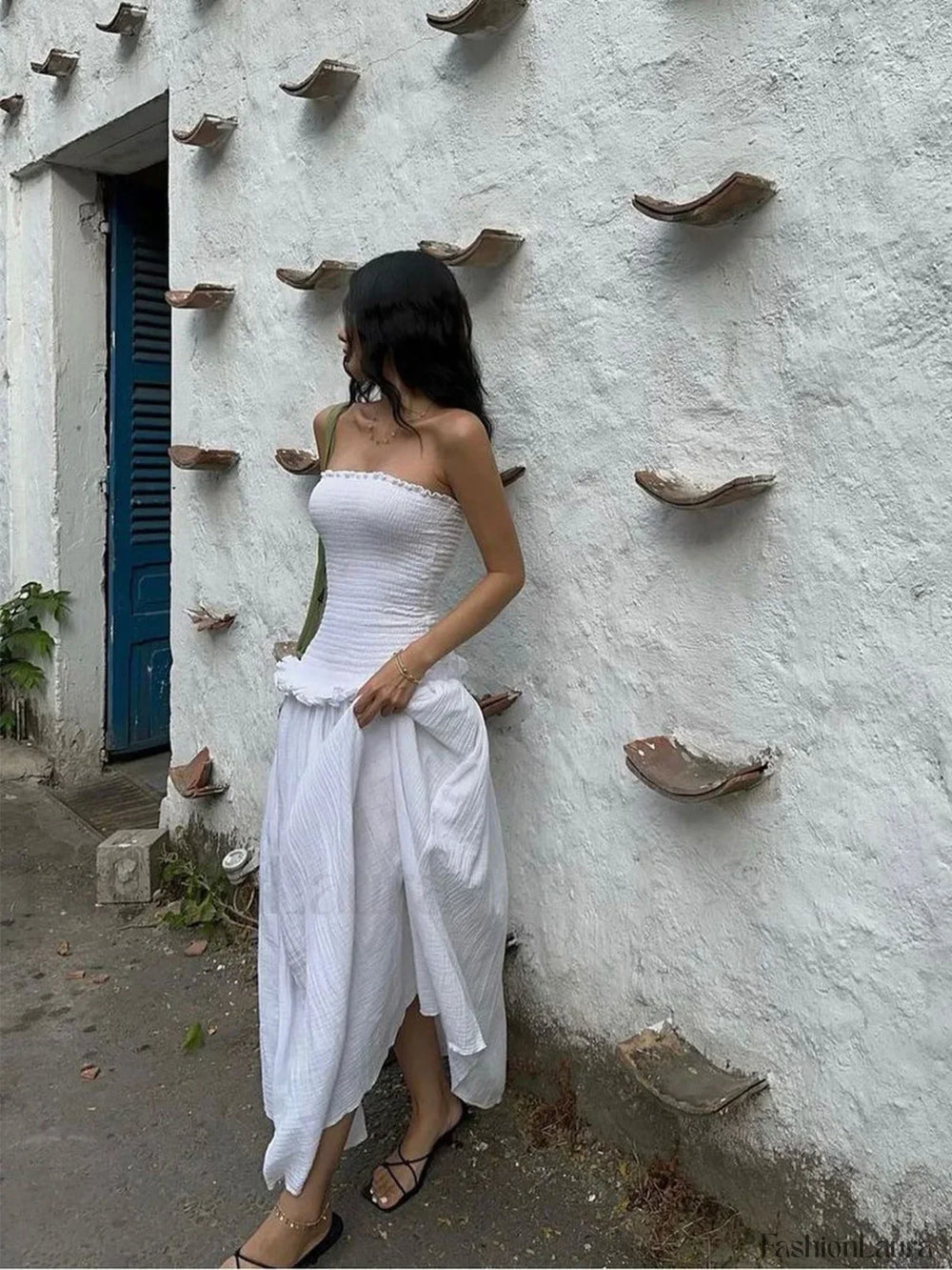 Cotton Blends Shirred Tube Long Dress Dresses