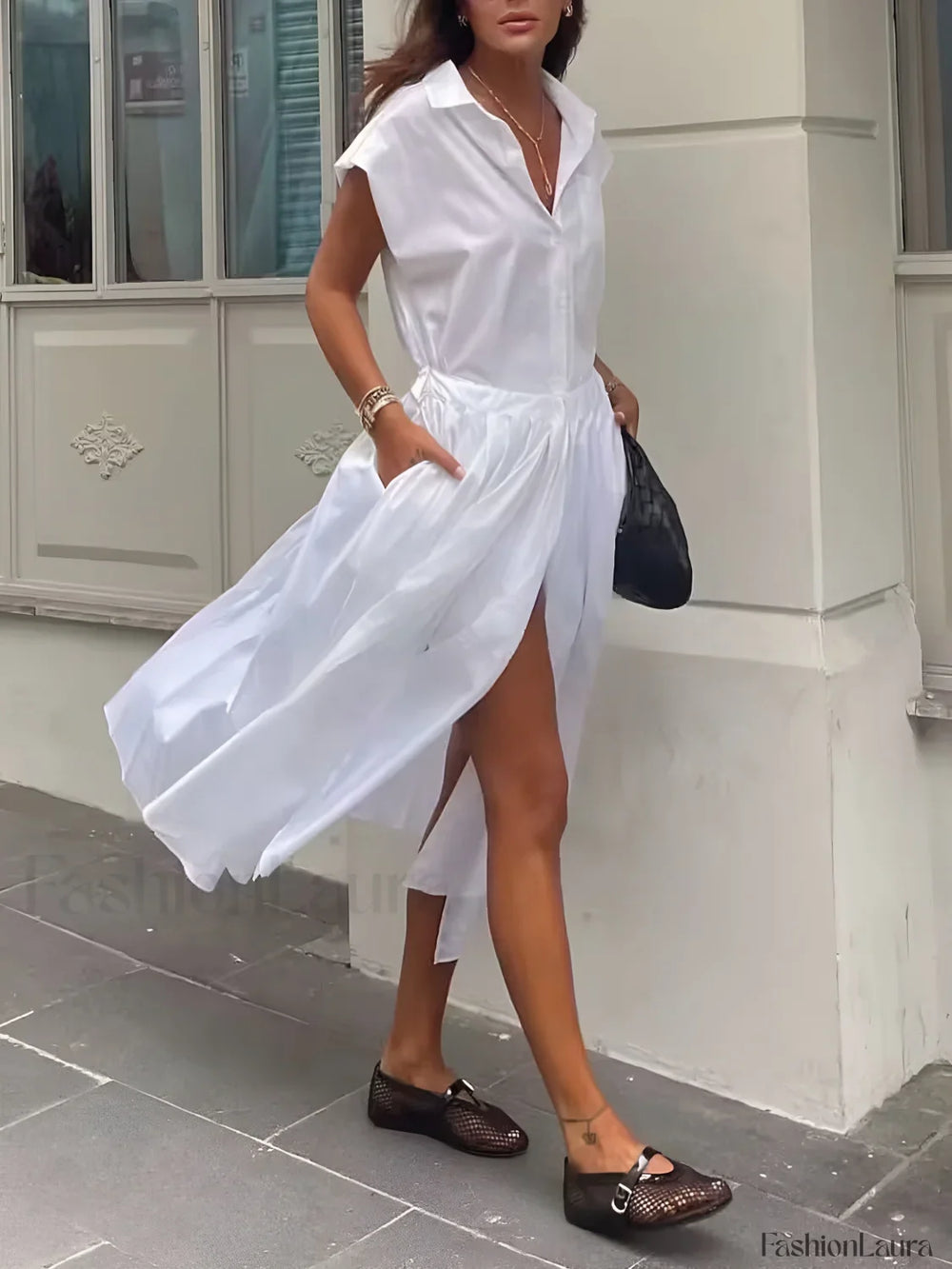 Cotton Blends Sleeveless Trendy Split Midi Dress Dresses