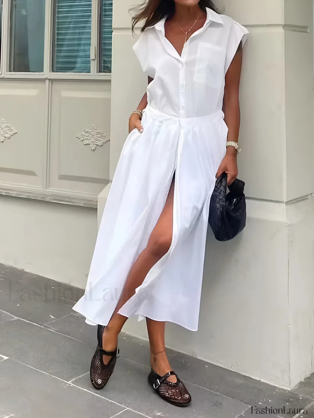 Cotton Blends Sleeveless Trendy Split Midi Dress White / XS Dresses