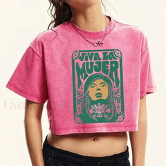 Cotton Crop Distressed Face Print Short Sleeve T Shirt Pink / S