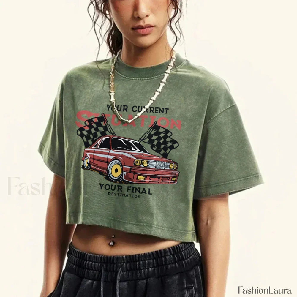 Cotton Crop Racing Print Short Sleeve T Shirt Drak Green / S