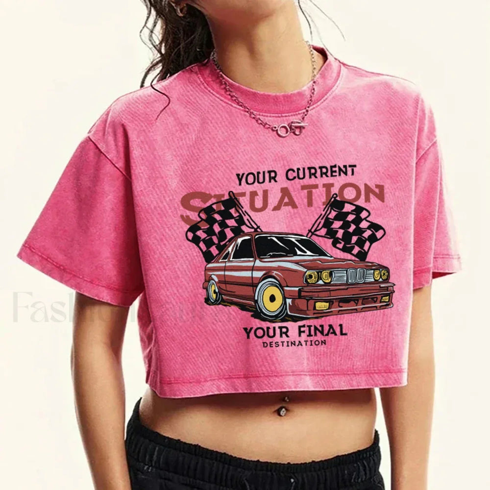 Cotton Crop Racing Print Short Sleeve T Shirt Pink / S