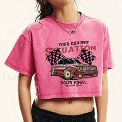 Cotton Crop Racing Print Short Sleeve T Shirt Pink / S