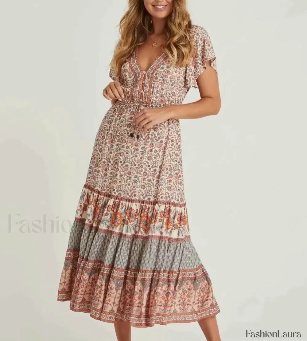 Cotton Drawstring Midi Boho Dress Beige / S