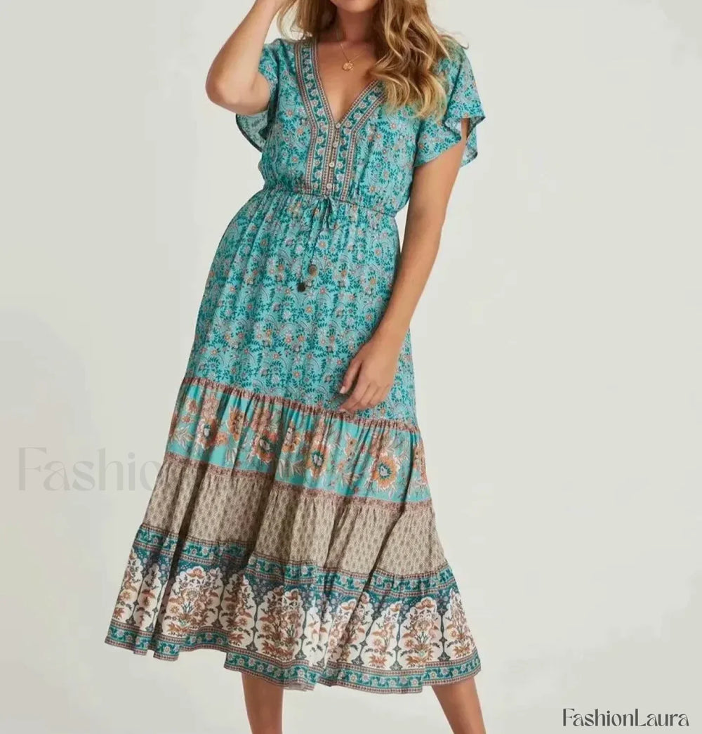Cotton Drawstring Midi Boho Dress Green / S