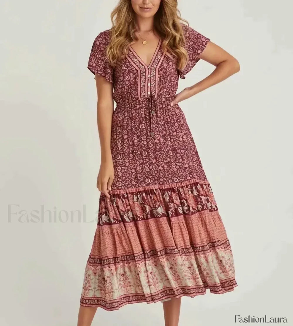 Cotton Drawstring Midi Boho Dress Red / S
