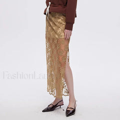 Cotton Embroidery Side Slit Skirt BROWN / S