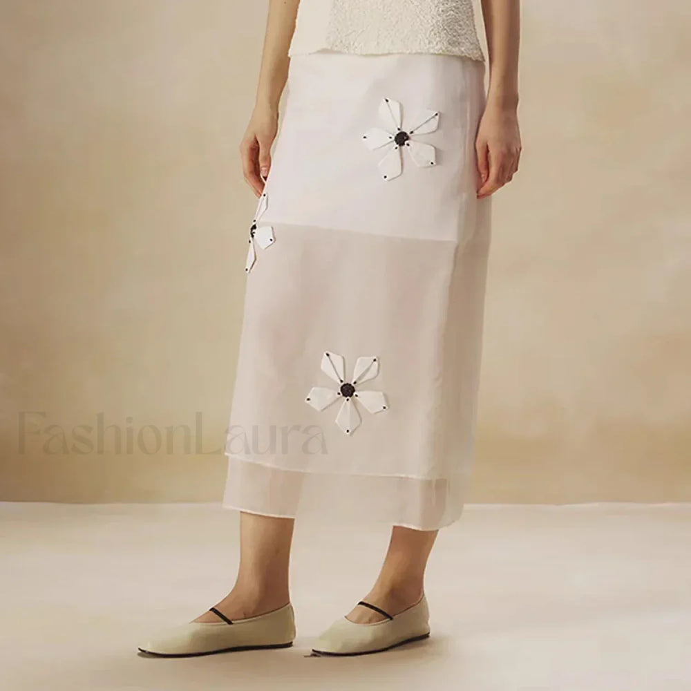Cotton Floral Organza Slit Skirt