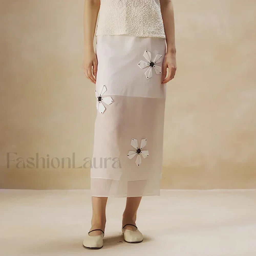 Cotton Floral Organza Slit Skirt White / S