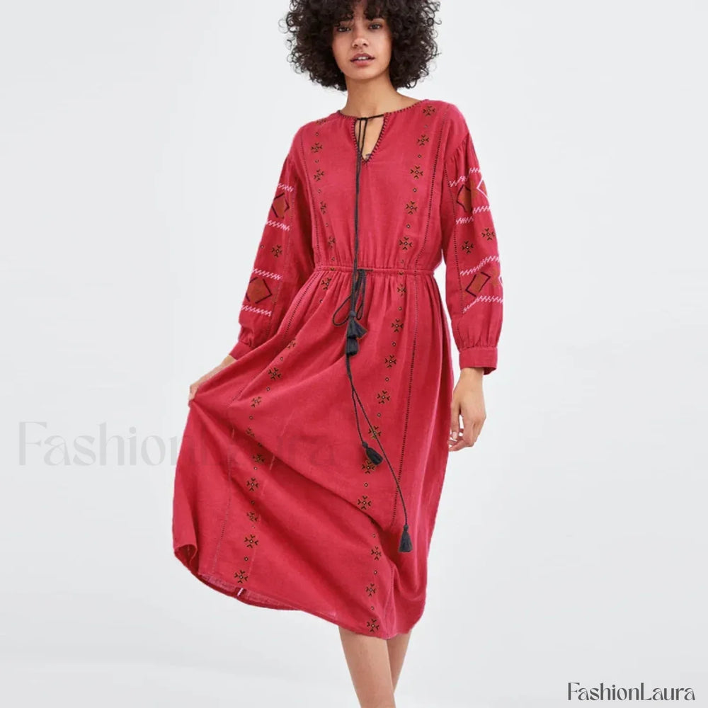 Cotton Floral Tassel Boho Dress RED / S