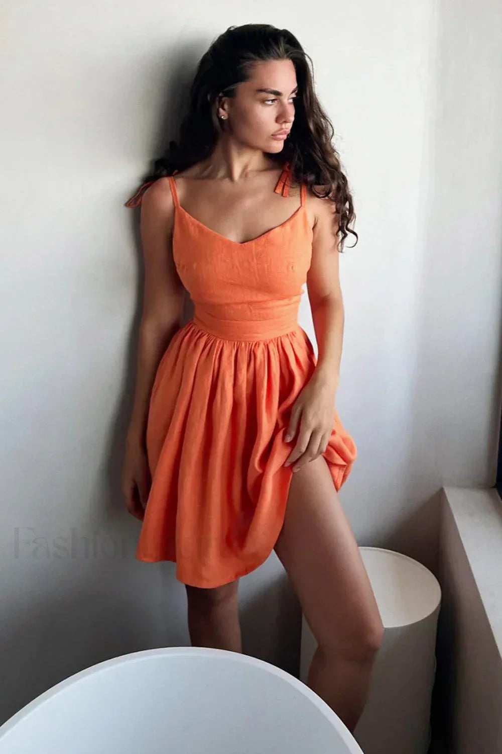 Cotton Halter High Waist Strappy Mini Dress Orange / XS