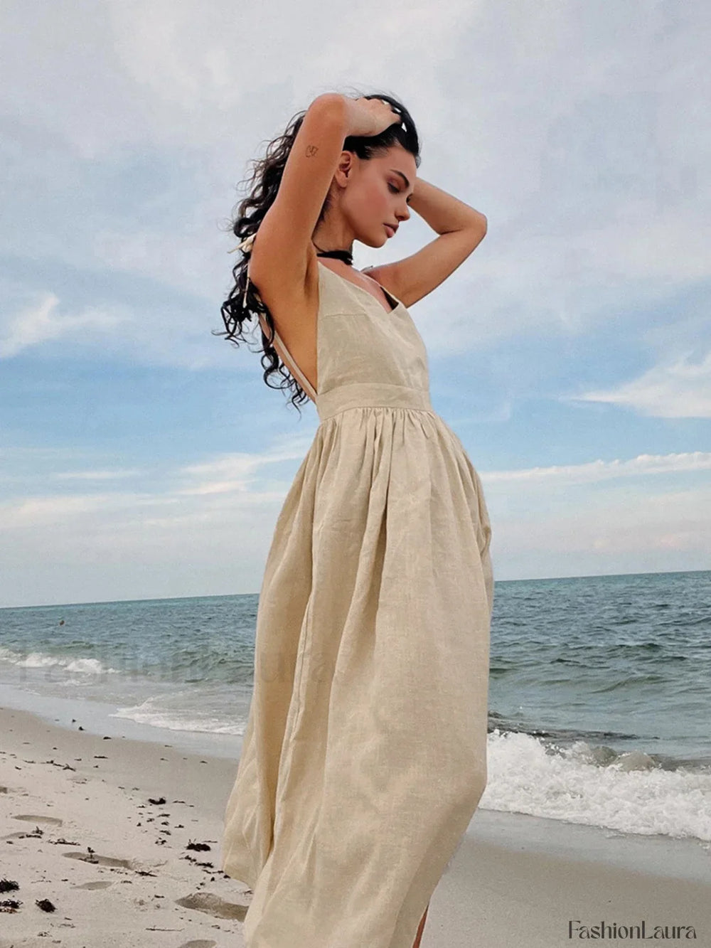 Cotton & Linen Backless Long Dress Dresses